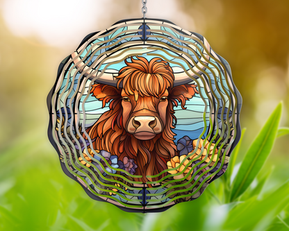 10 Inch Highland Cow Wind Spinner Design, Wind Spinner Sublimation Designs, Turquoise Boho Cow Butterfly Wind Spinner PNG Design