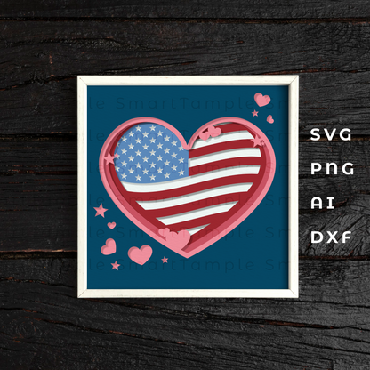 3D American Heart Shadow Box Svg, USA Shadow Box svg, Flag Shadow box svg, Patriotic Sign Decor, Independence Day, 4th of July Svg, Cricut