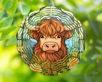 10 Inch Highland Cow Wind Spinner Design, Wind Spinner Sublimation Designs, Turquoise Boho Cow Butterfly Wind Spinner PNG Design