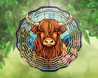 10 Inch Highland Cow Wind Spinner Design, Wind Spinner Sublimation Designs, Turquoise Boho Cow Butterfly Wind Spinner PNG Design