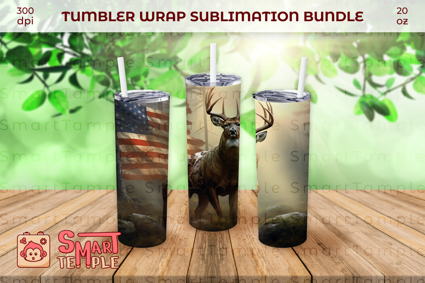 3D Deer American Flag 20 oz Skinny Tumbler Sublimation Design, Straight & Tapered Wrap, Tumbler Wrap, Tumbler Png, Instant Download