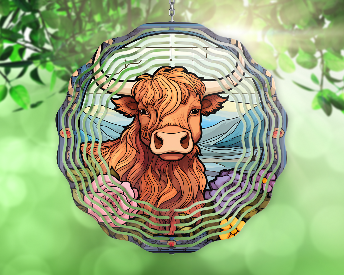 10 Inch Highland Cow Wind Spinner Design, Wind Spinner Sublimation Designs, Turquoise Boho Cow Butterfly Wind Spinner PNG Design