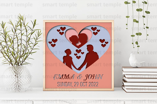 3D Customizable Wedding Shadow Box, Custom Name Shadow Box, Layered Paper Art, Heart 3D SVG, Files For Cricut